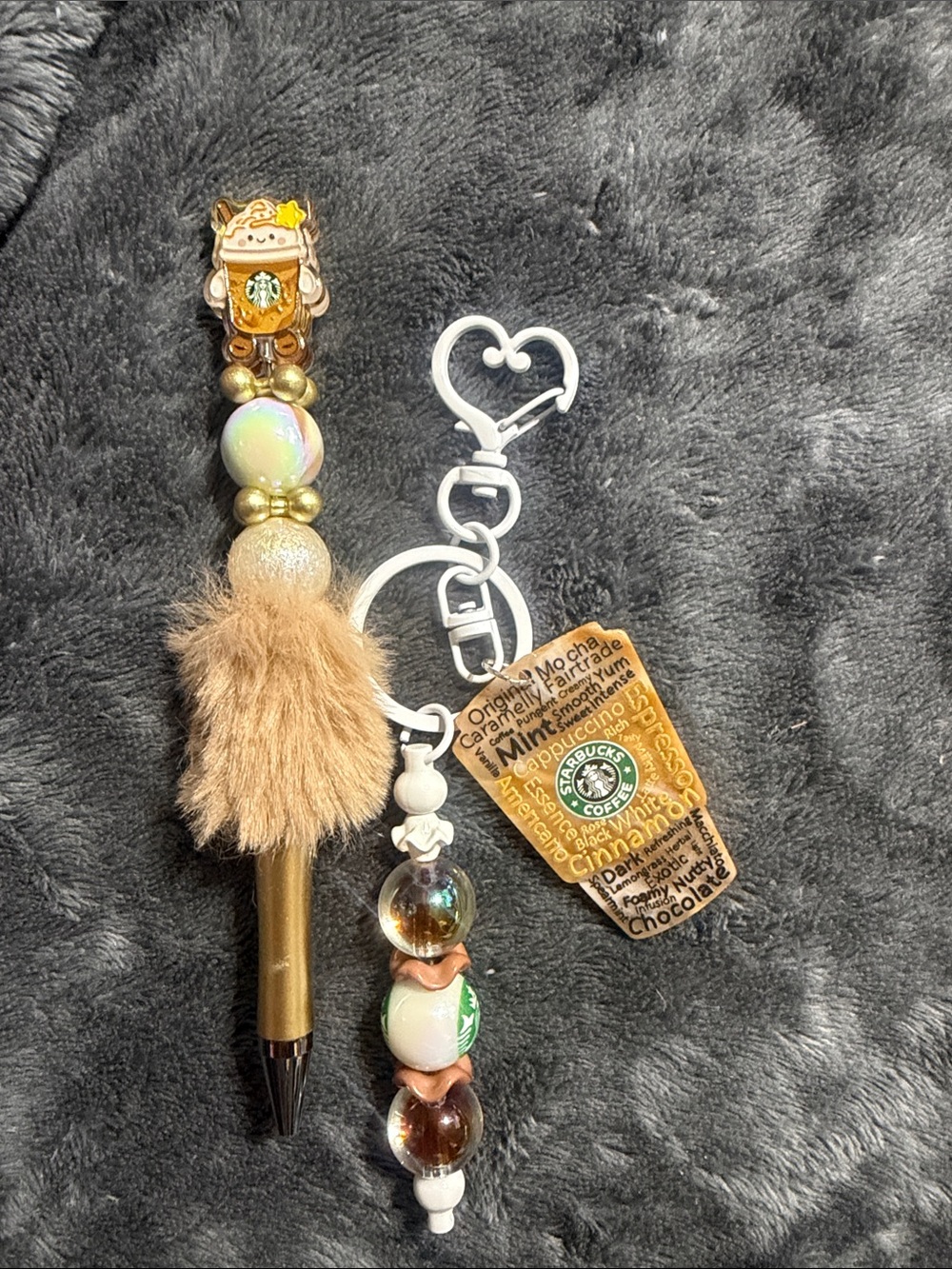 Brown fluffy beaded pen with matching keychain.